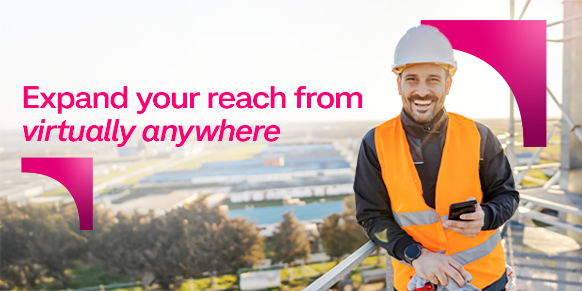 T-Mobile promotional art showing a field worker and the phrase Expand your reach from virtually anywhere